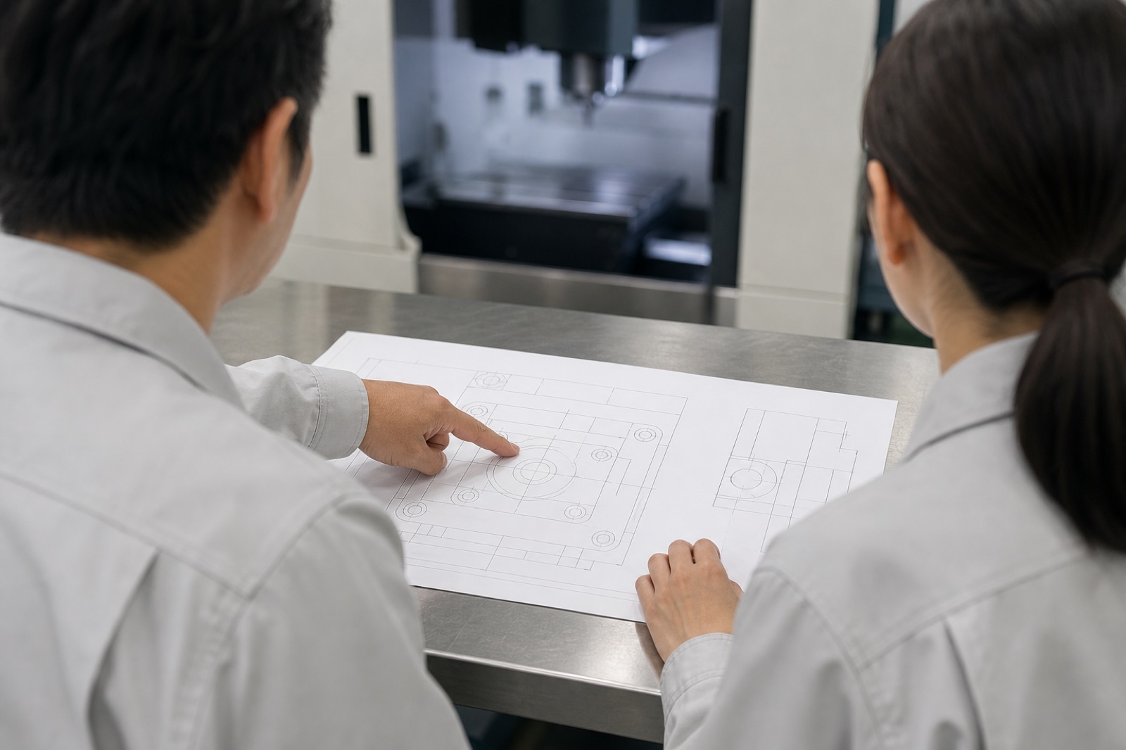 工場で図面を見ながら打ち合わせをしている様子